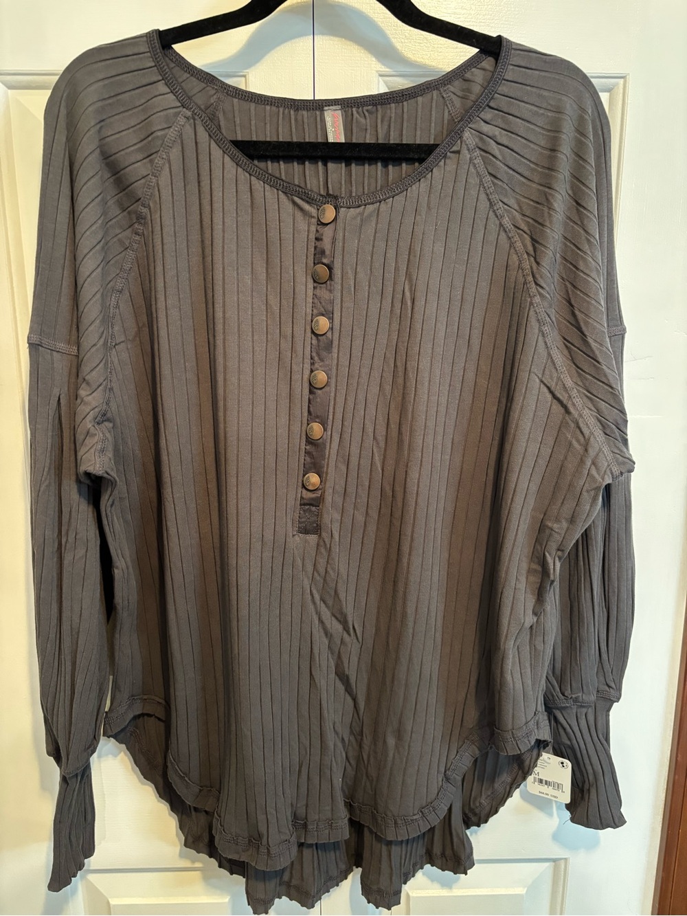 NWT Free People FP Movement Gray Ribbed Button-Front Long Sleeve Top